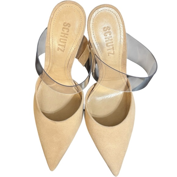 Schutz Sionne Clear Strap Suede Pointed Toe Stiletto Mule Tan 7.5 - Picture 7 of 11